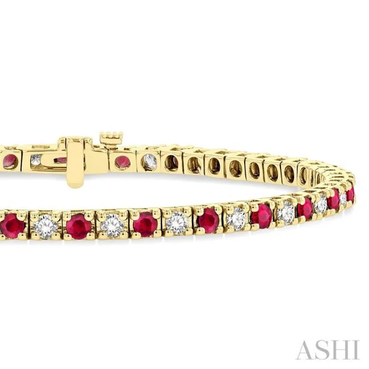 1 1/2 ctw Square Box Link 2.5MM Ruby and Round Cut Diamond Precious Tennis Bracelet in 14K Yellow Gold