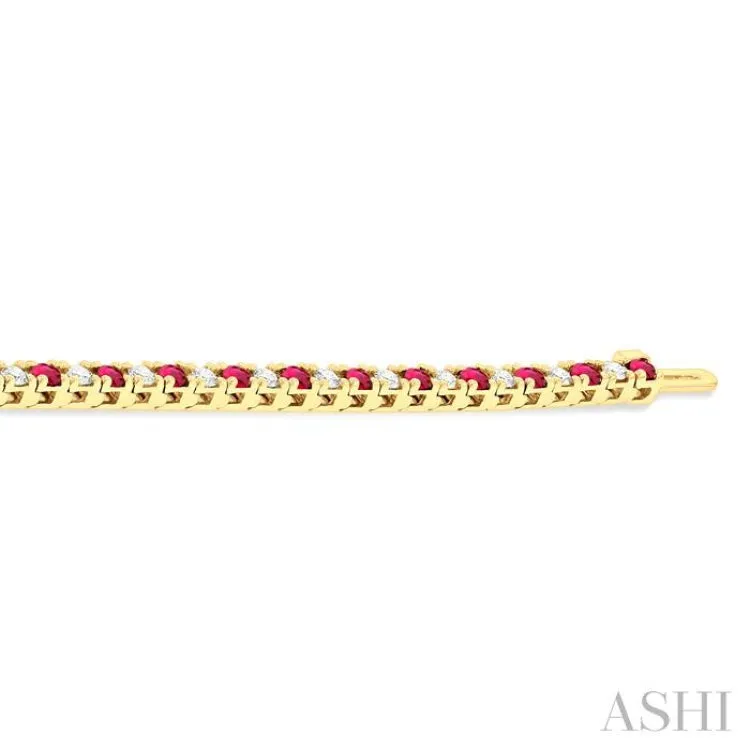 1 1/2 ctw Square Box Link 2.5MM Ruby and Round Cut Diamond Precious Tennis Bracelet in 14K Yellow Gold