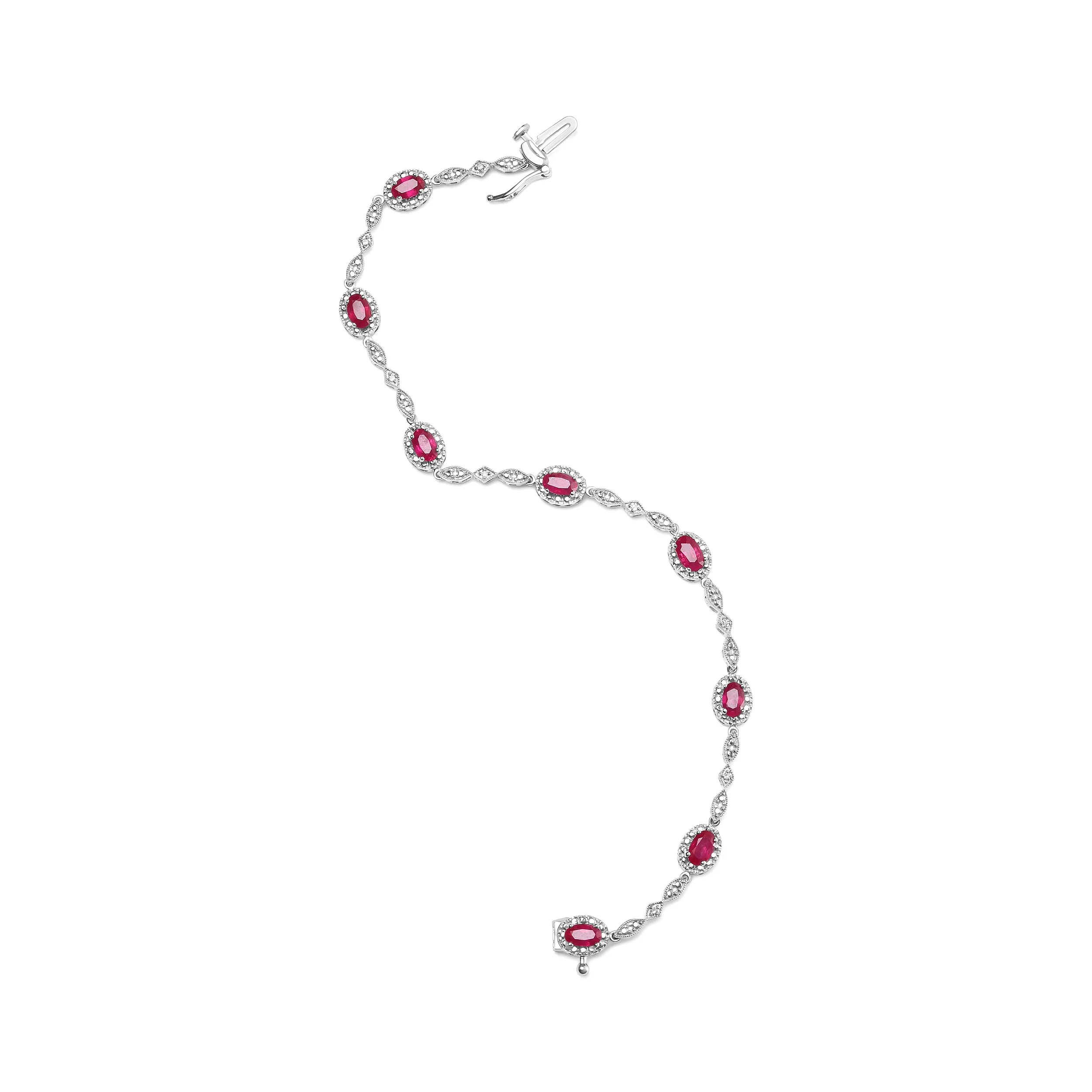 10K White Gold 4.5mm x 3mm Oval Ruby and Diamond Link Bracelet