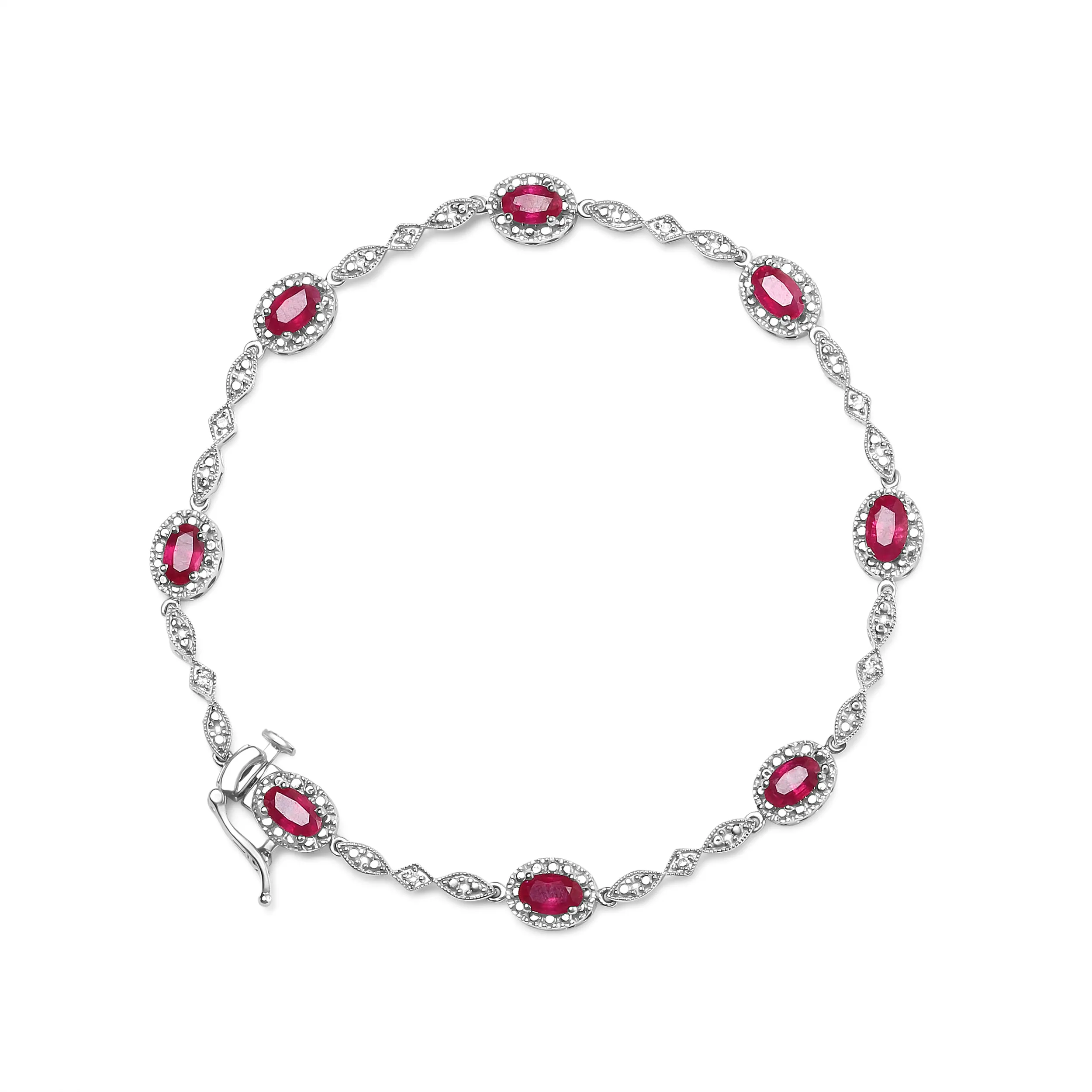 10K White Gold 4.5mm x 3mm Oval Ruby and Diamond Link Bracelet