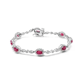 10K White Gold 4.5mm x 3mm Oval Ruby and Diamond Link Bracelet