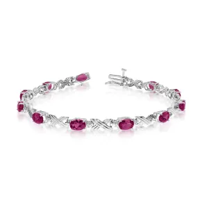 10K White Gold Oval Ruby Stones And Diamonds Tennis Bracelet, 7"