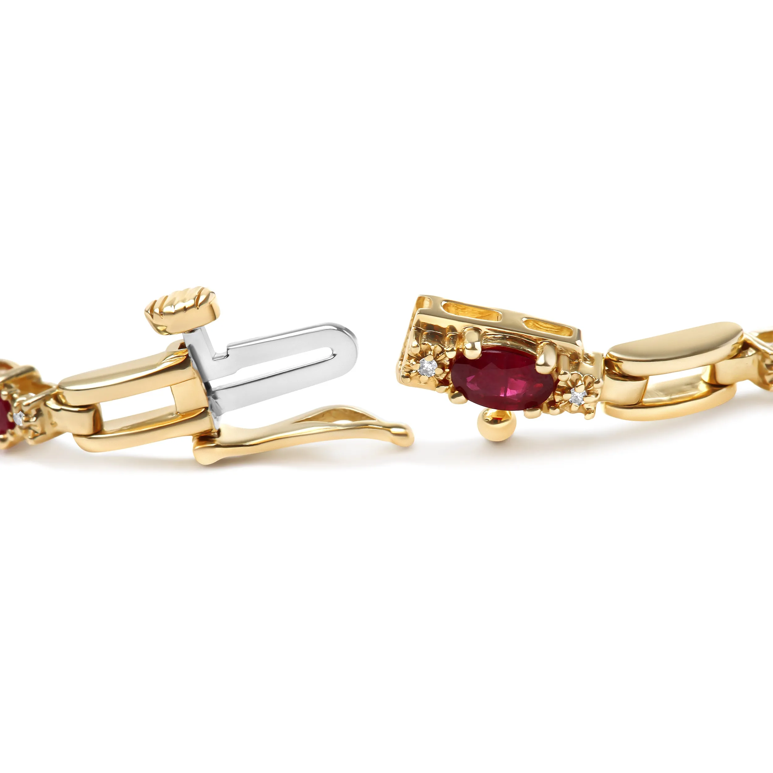 10K Yellow Gold Oval Ruby and 1/10 Cttw Diamond Bar Prong Set Bracelet