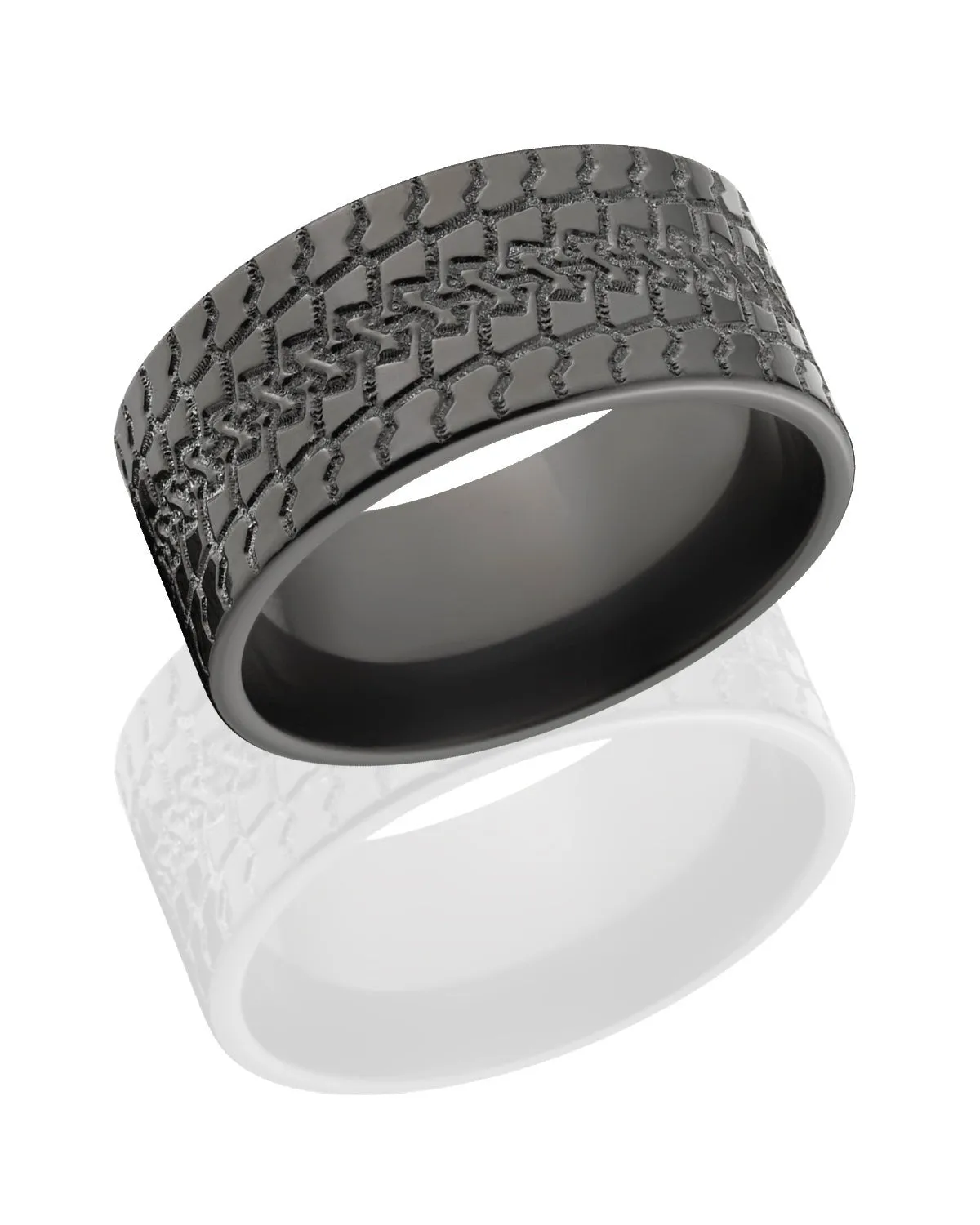 10mm Black Zirconium Ring with Tire Tread Design - Men's Wedding Band