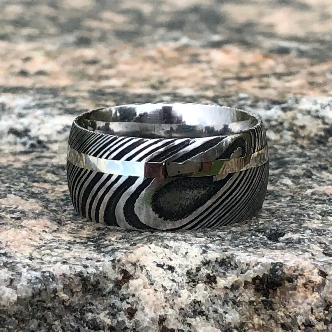 10mm Wide Damascus Steel Ring With 14k White Gold Inlay, USA Made Damascus Wedding Bands