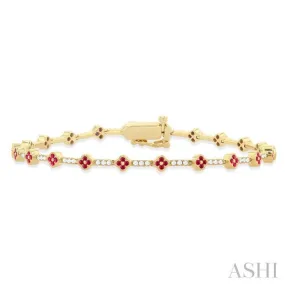 1/2 Ctw Clover Leaf & Bar Link 1.00 MM Ruby and Round Cut Diamond Precious Bracelet in 14K Yellow Gold