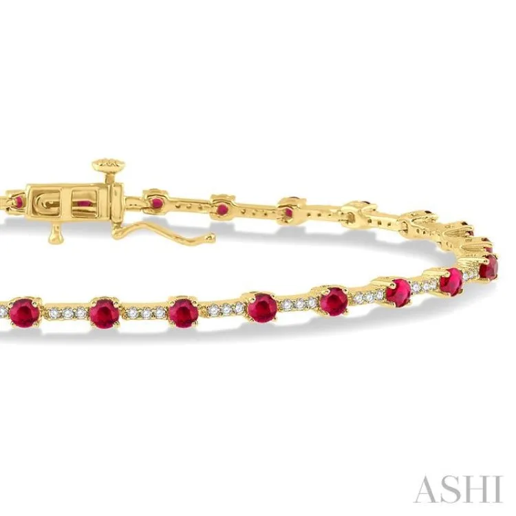 1/2 Ctw Round Cut Diamond & 2.5 MM Ruby Precious Bracelet in 10K Yellow Gold