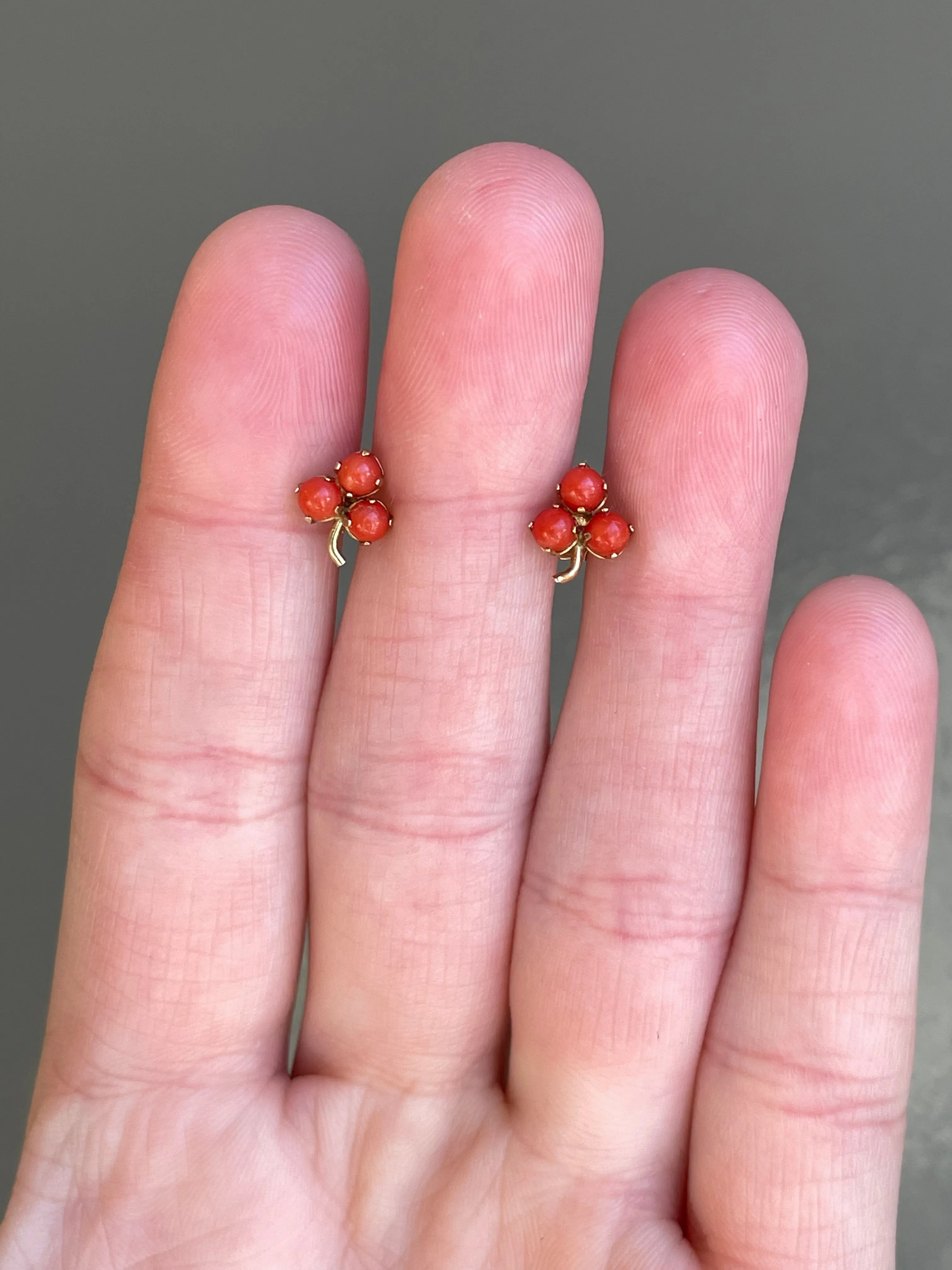 14K Gold Coral Clover Stud Earrings