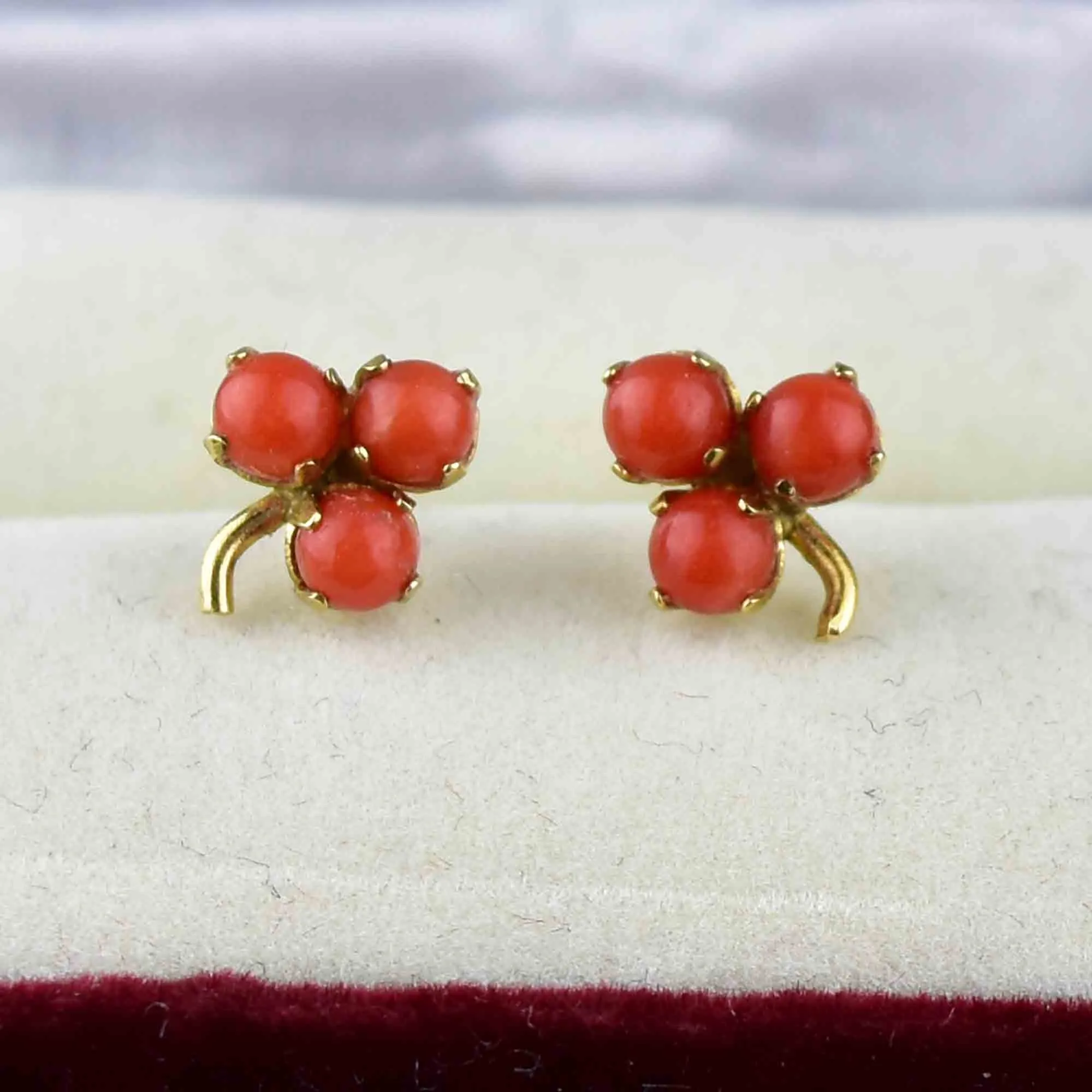 14K Gold Coral Clover Stud Earrings