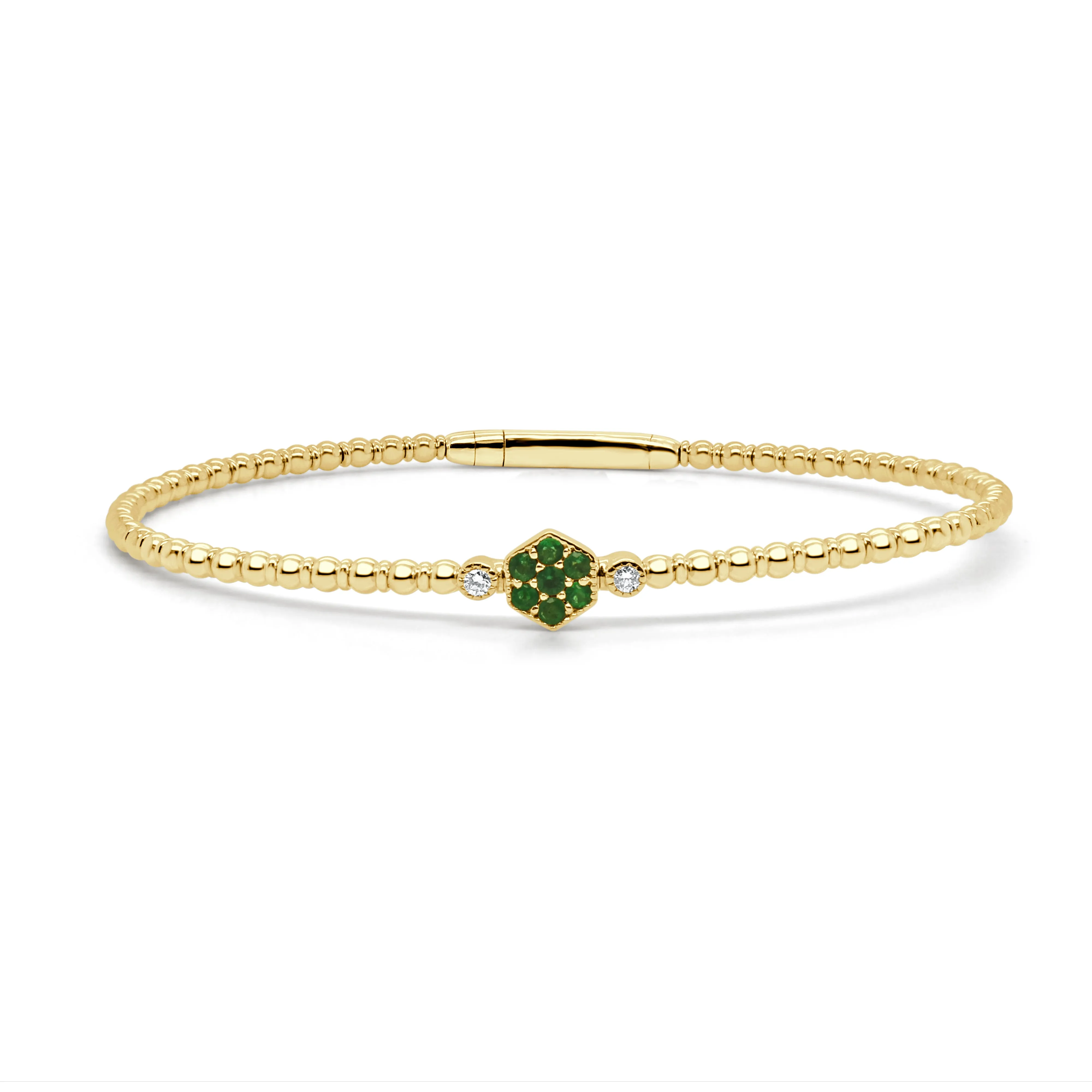 14K Gold Emerald & Diamond Flexible Bangle - 0.04ct