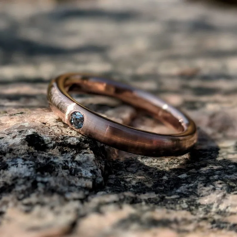 14k Rose Gold Wedding Ring with a 2.5mm Aquamarine Flush Set