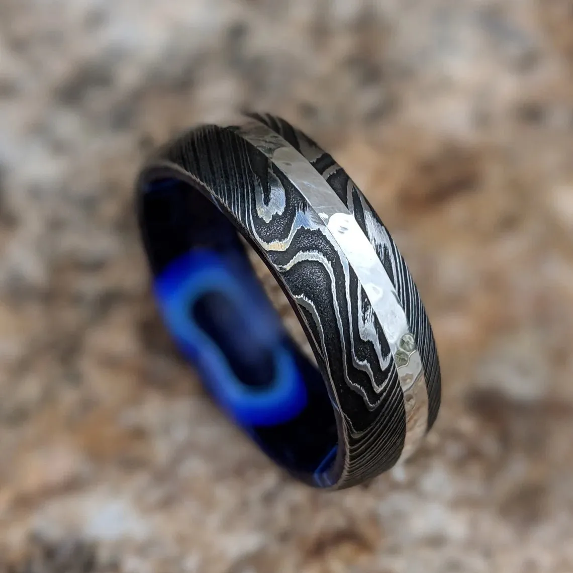 14k White Gold Damascus Wedding Band With Inside Sapphire Blue Ocean Sleeve