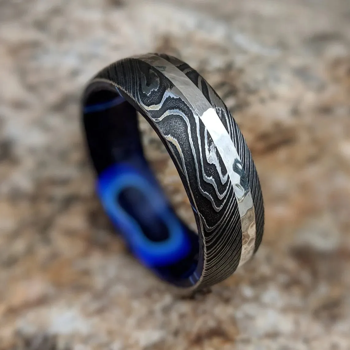 14k White Gold Damascus Wedding Band With Inside Sapphire Blue Ocean Sleeve