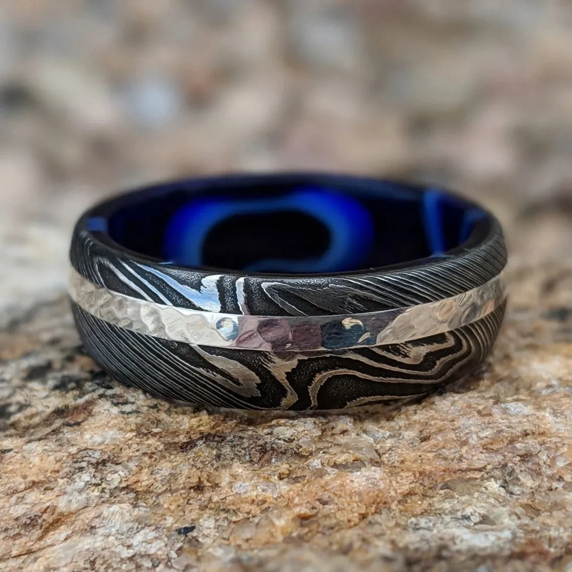 14k White Gold Damascus Wedding Band With Inside Sapphire Blue Ocean Sleeve