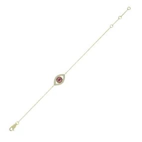 14k Yellow Gold Chain Natural Ruby Diamond Evil Eye Charm Bracelet