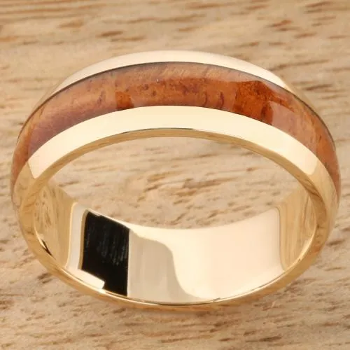 14K Yellow Gold Natural Koa Wood Oval Wedding Ring 7mm