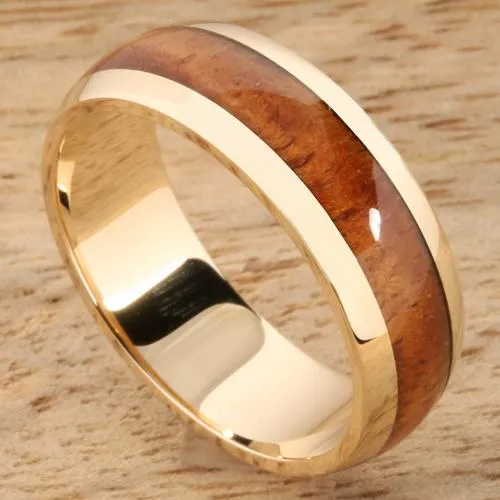 14K Yellow Gold Natural Koa Wood Oval Wedding Ring 7mm