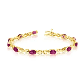 14K Yellow Gold Oval Ruby Stones And Diamonds Tennis Bracelet, 7"