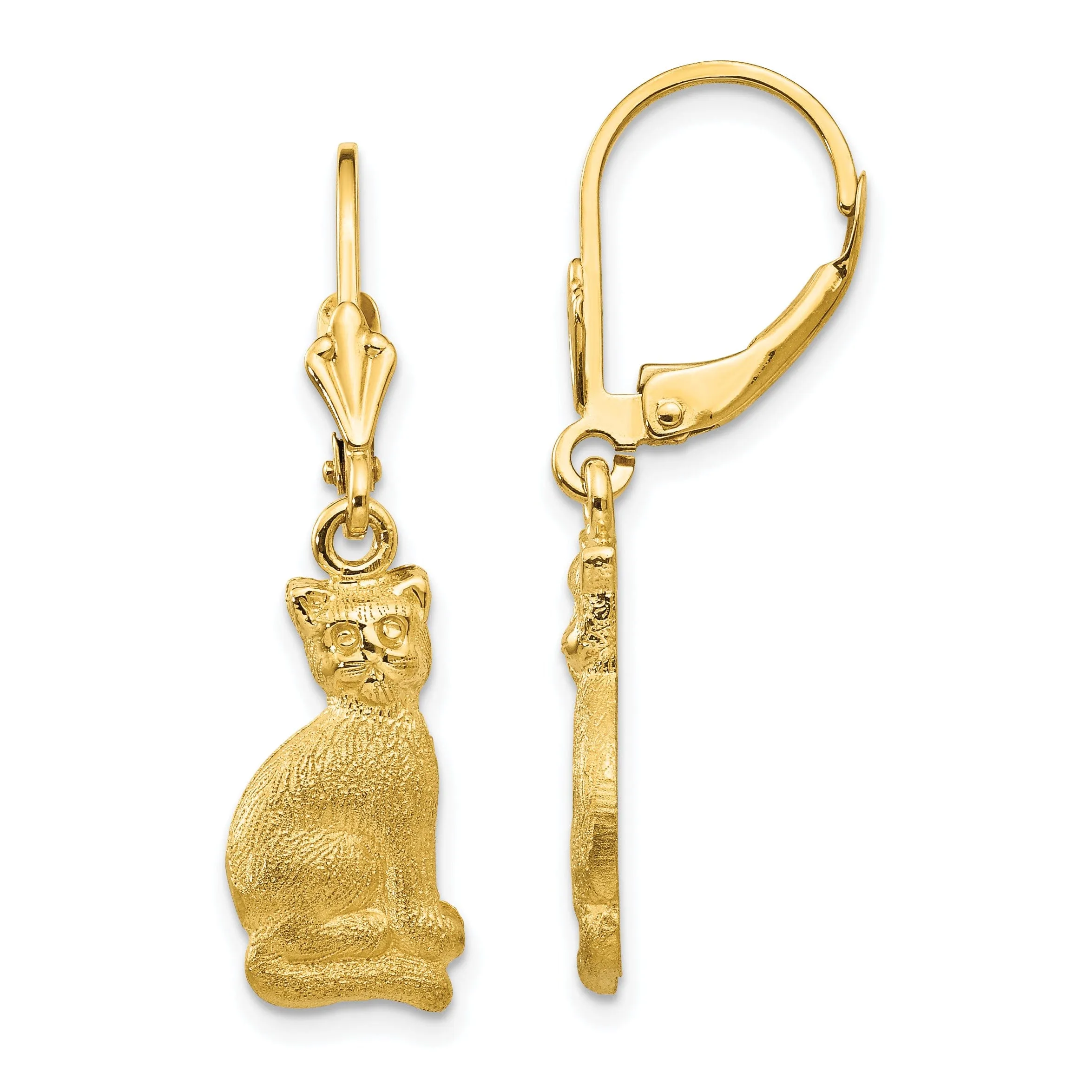 14k Yellow Gold Satin Cat Dangle Leverback Earring