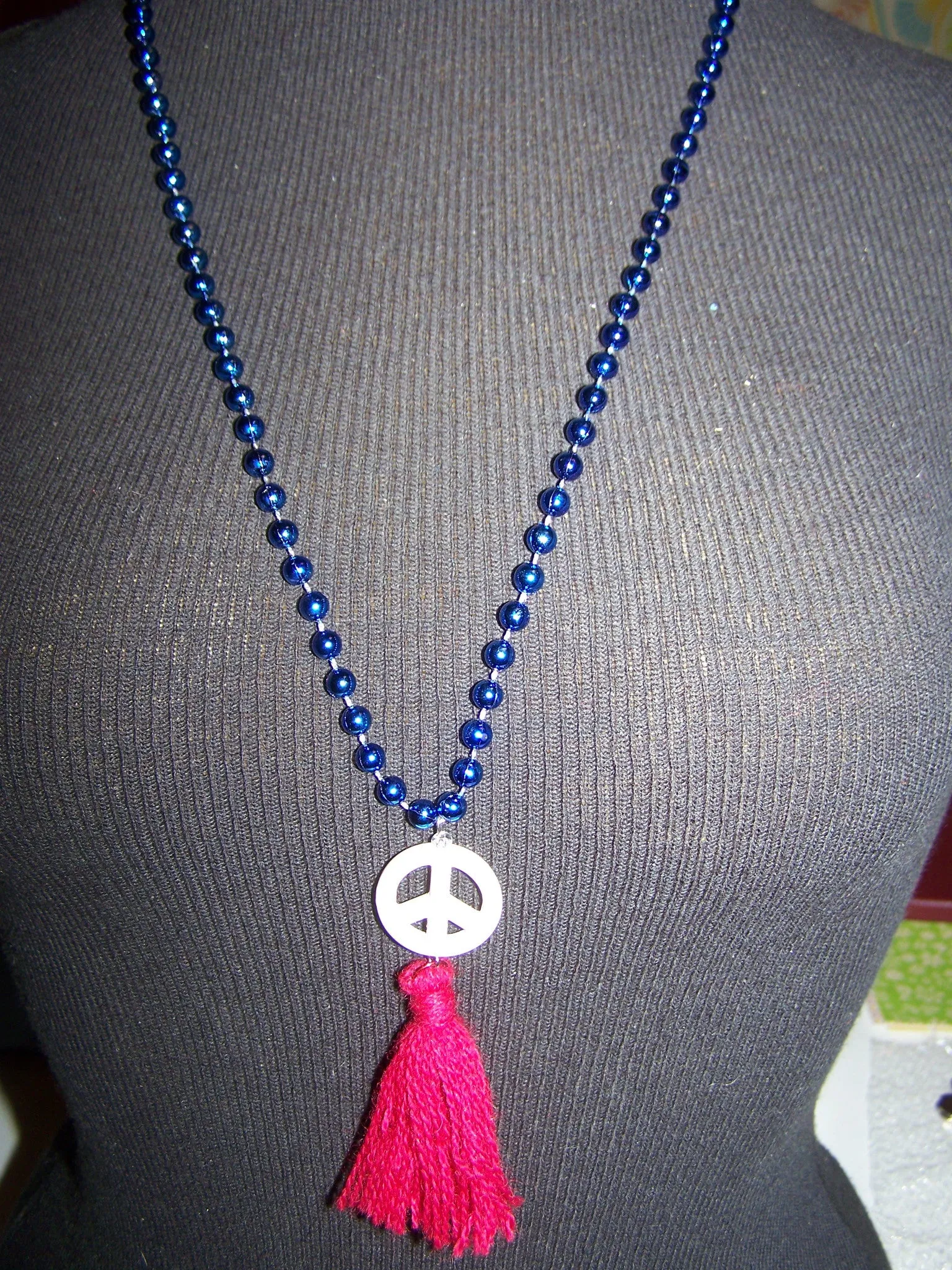 14" Beaded Necklace (Peace Sign) with Tassel