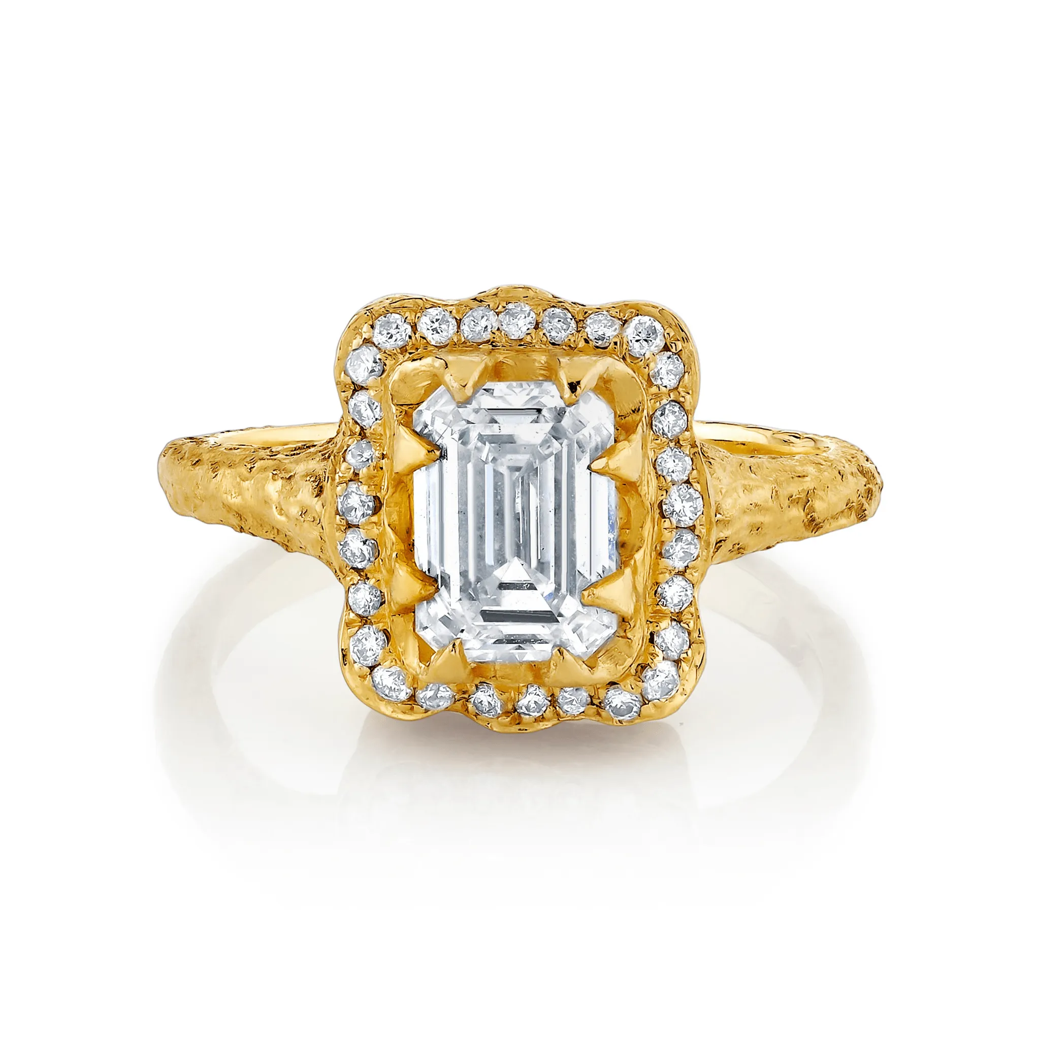 18K Queen Emerald Cut Lab-Created Diamond Ring with Full Pavé Diamond Halo | Ready to Ship