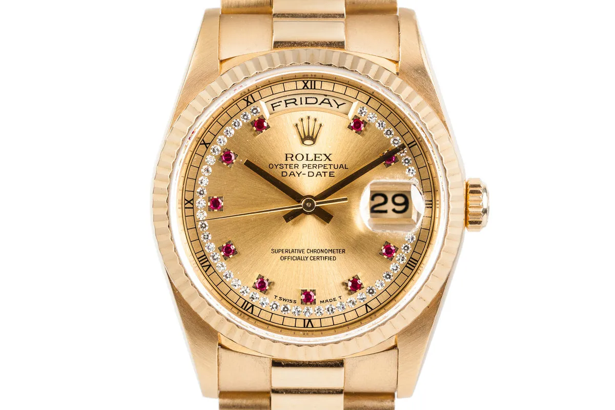 1995 Rolex Day-Date 18238 with Diamond String and Ruby Dial