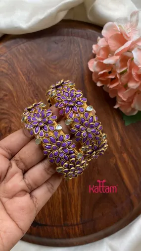 3D Kundan Purple Flower Bangle Set