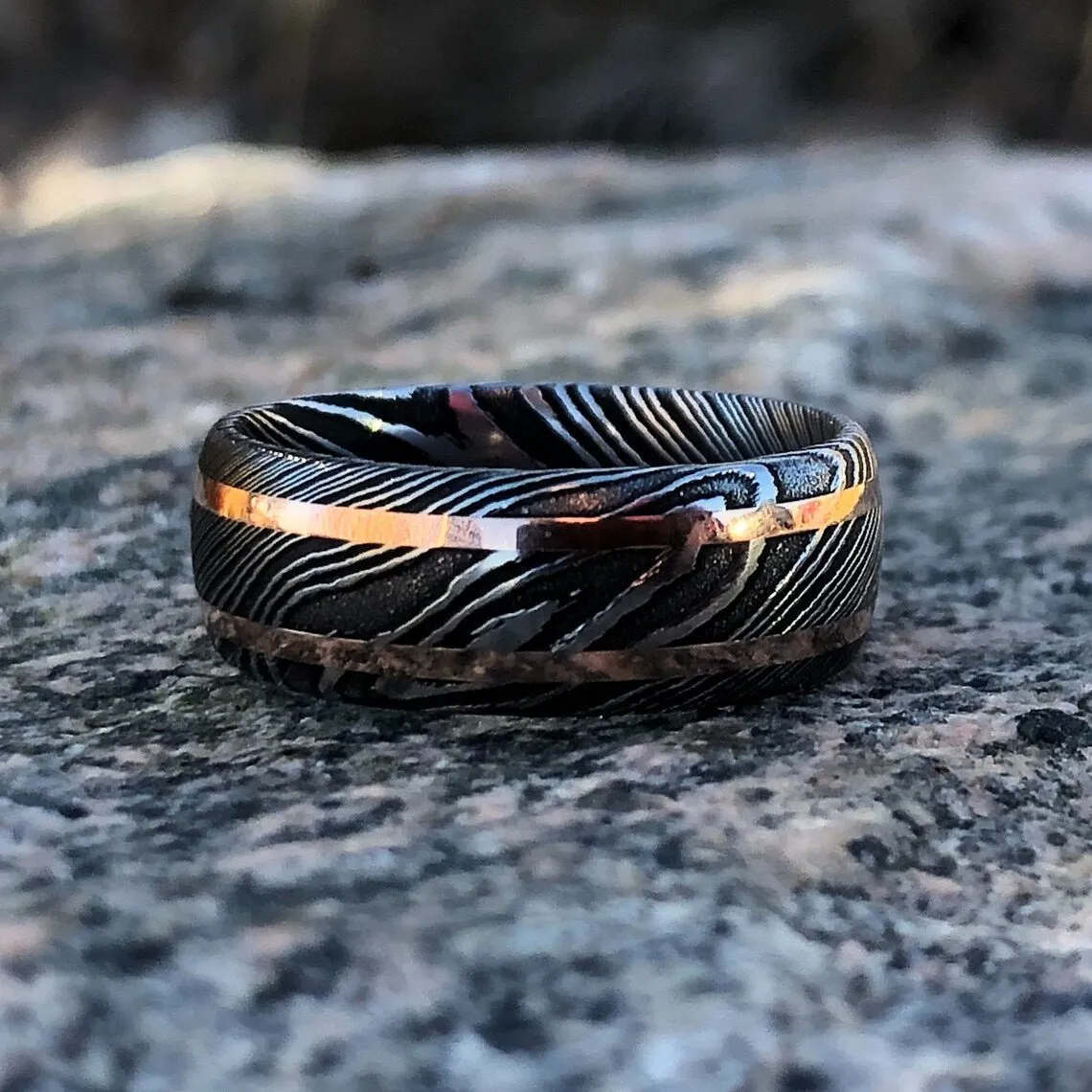 8mm Damascus Steel Ring - 14k Rose Gold Inlay - Men's Wedding Band