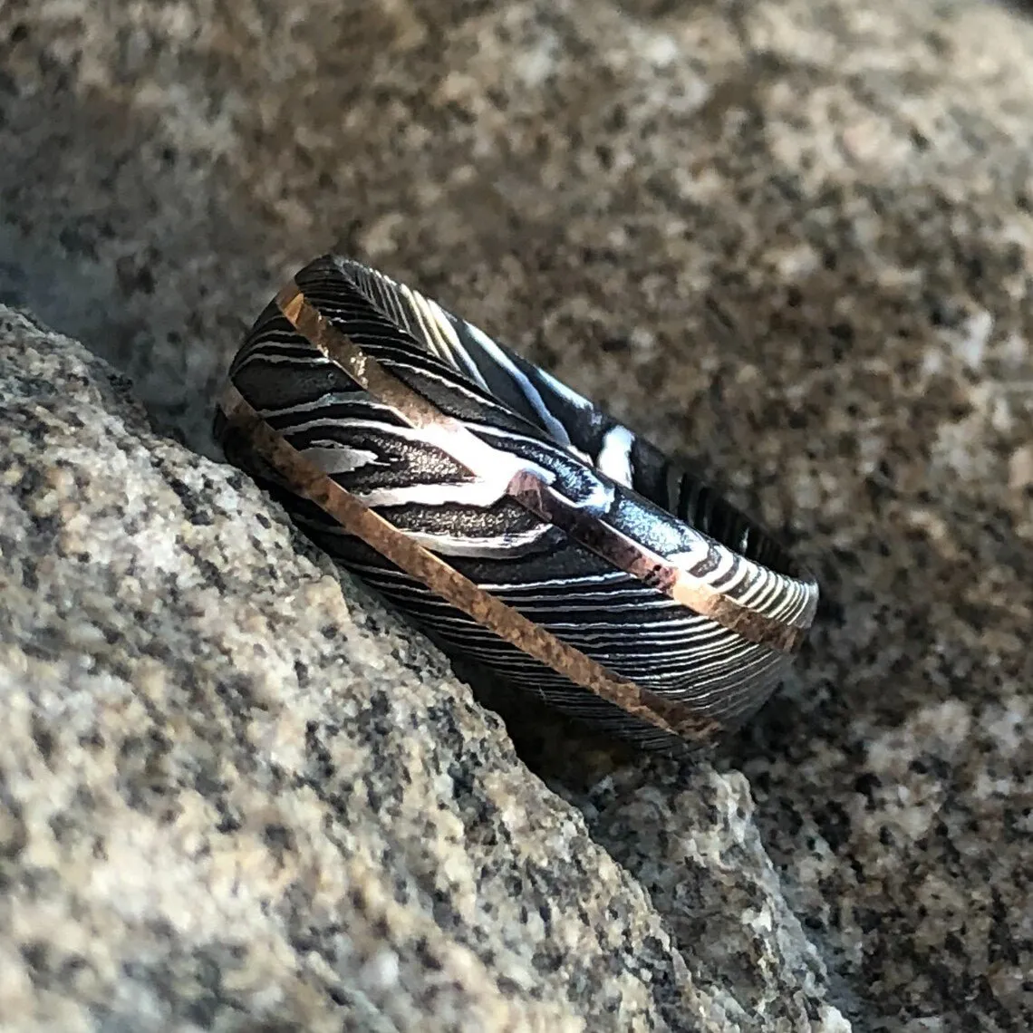 8mm Damascus Steel Ring - 14k Rose Gold Inlay - Men's Wedding Band