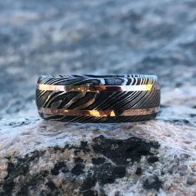 8mm Damascus Steel Ring - 14k Rose Gold Inlay - Men's Wedding Band