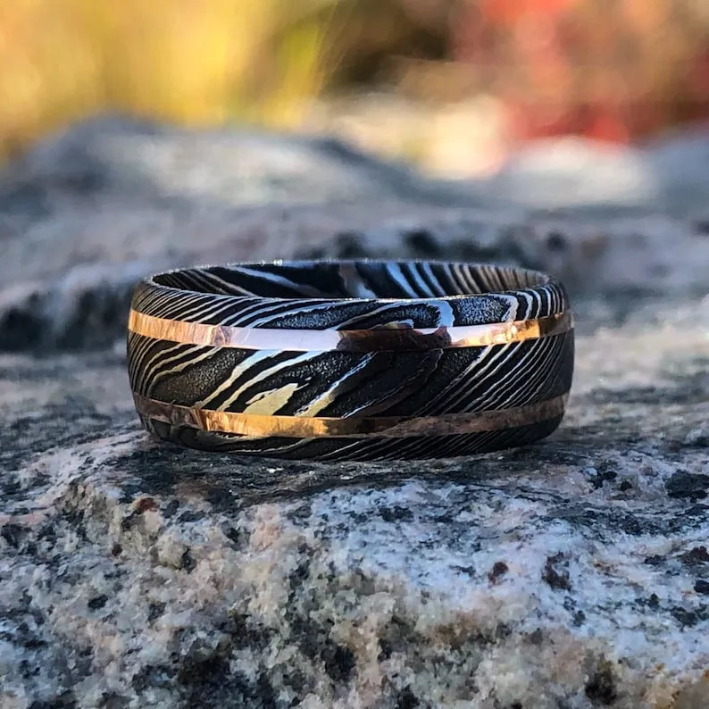 8mm Damascus Steel Ring - 14k Rose Gold Inlay - Men's Wedding Band