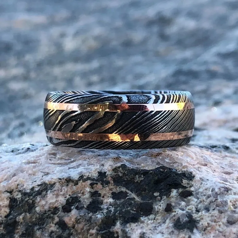 8mm Damascus Steel Ring - 14k Rose Gold Inlay - Men's Wedding Band