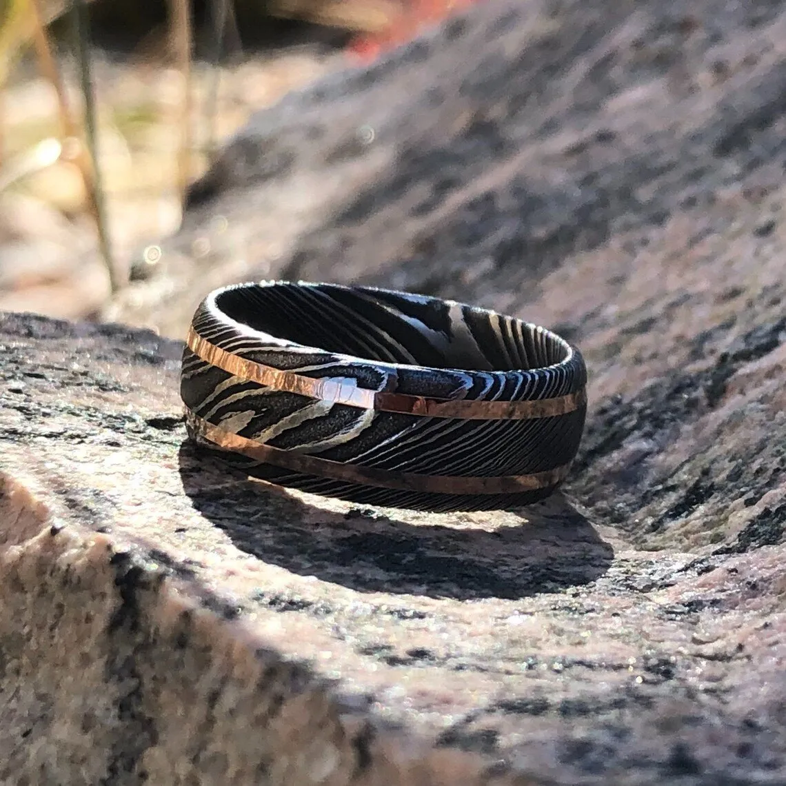 8mm Damascus Steel Ring - 14k Rose Gold Inlay - Men's Wedding Band