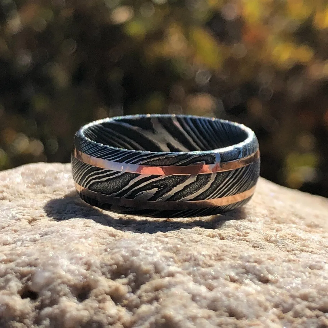 8mm Damascus Steel Ring - 14k Rose Gold Inlay - Men's Wedding Band