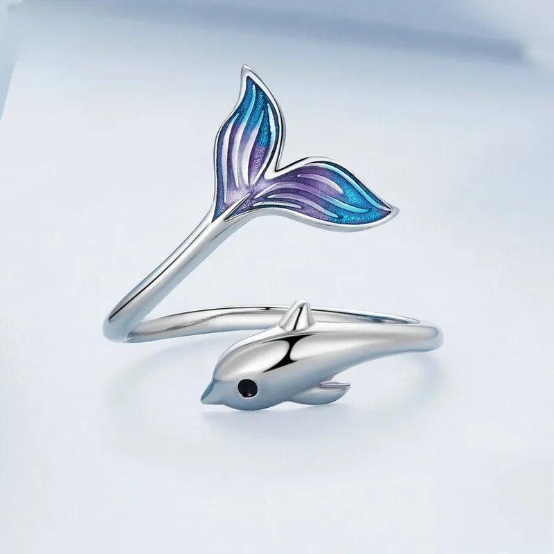 925 Sterling Silver Dolphins Chasing and Playing Plain Ring