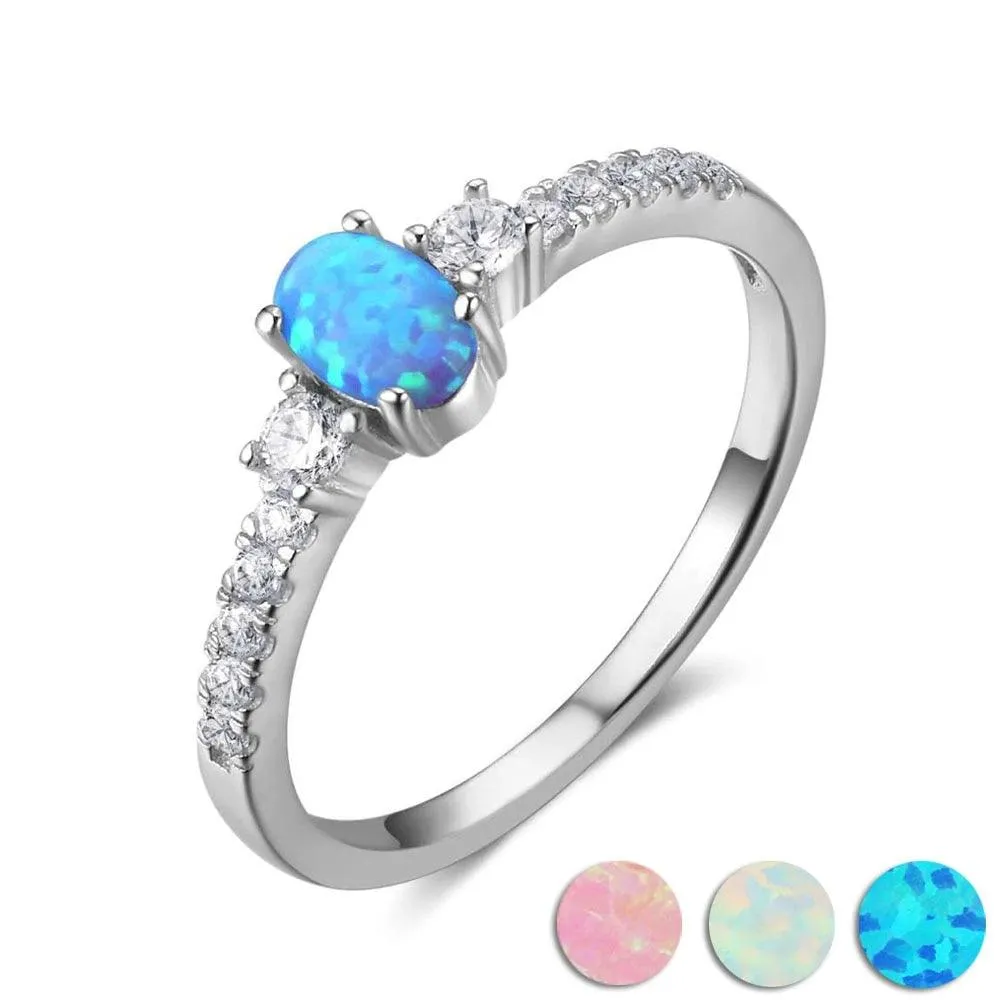 925 Sterling Silver Oval Blue Opal Stone Ring