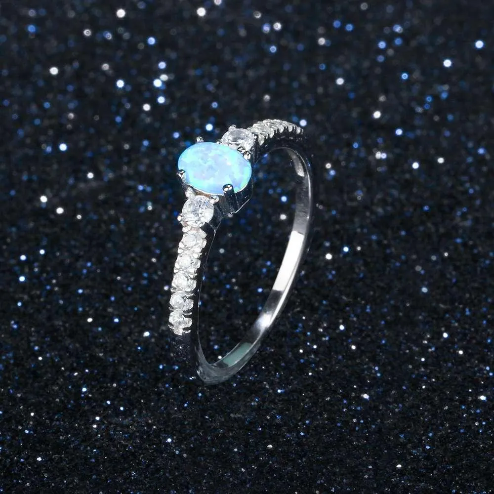 925 Sterling Silver Oval Blue Opal Stone Ring