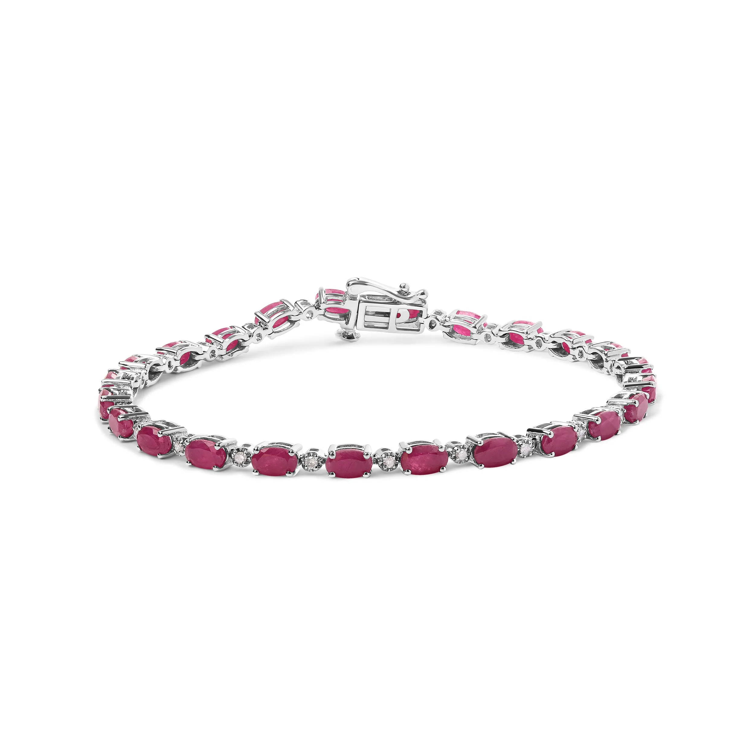 .925 Sterling Silver Oval Ruby and 1/4 Cttw Diamond Link Bracelet