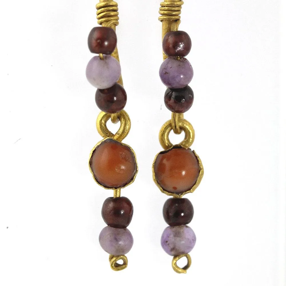 A Pair of Roman Gold, Garnet, Coral and Amethyst Earrings, ca. 1st century CE