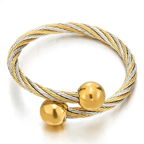 A Set of Ladies Adjustable Stainless Steel Gold Silver Bangle Ball Bracelet and Ring