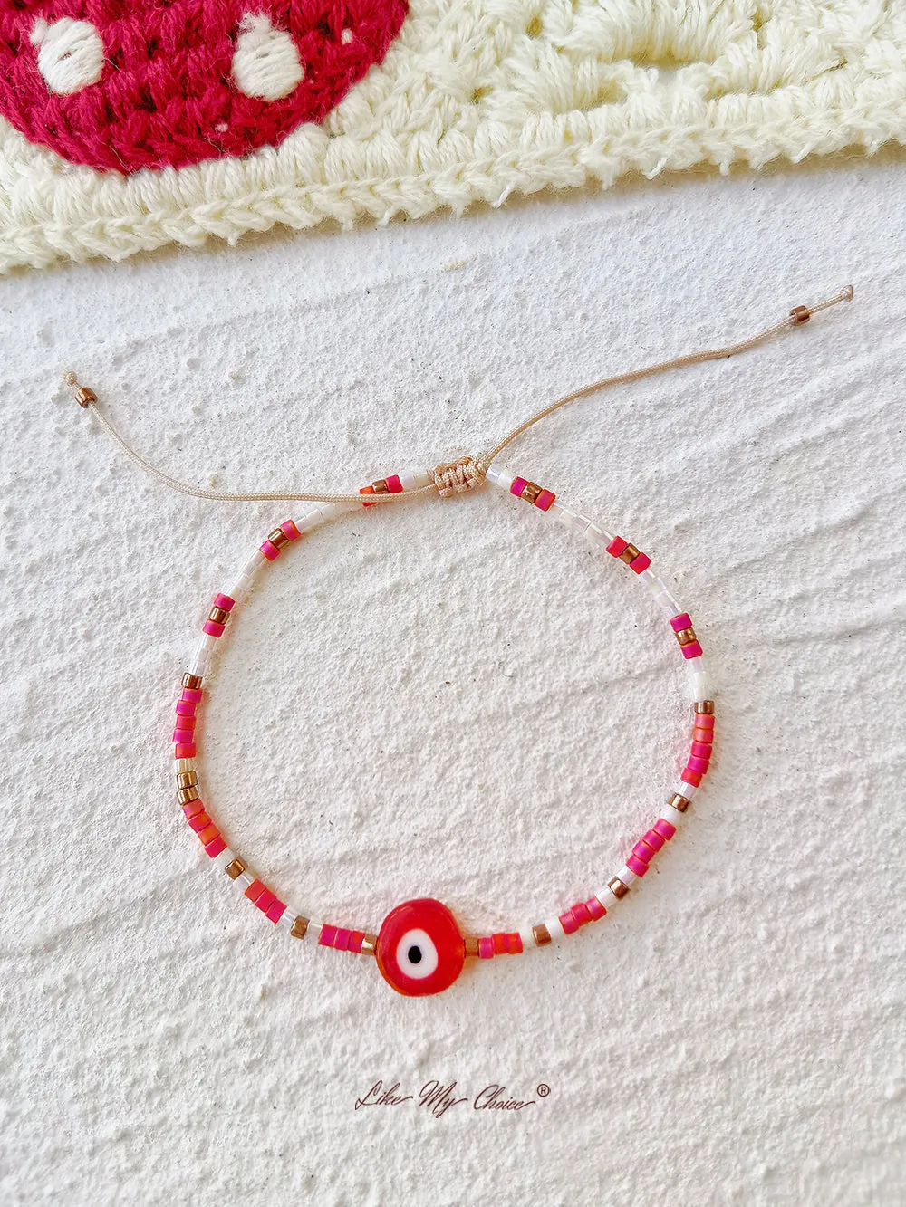 Adjustable Drawstring Beaded Bracelet Red Eye