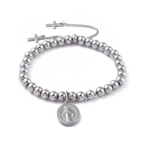 Adjustable Slider Bracelet with Cross & Virgin Mary -  Plated Stainless - 9.5"