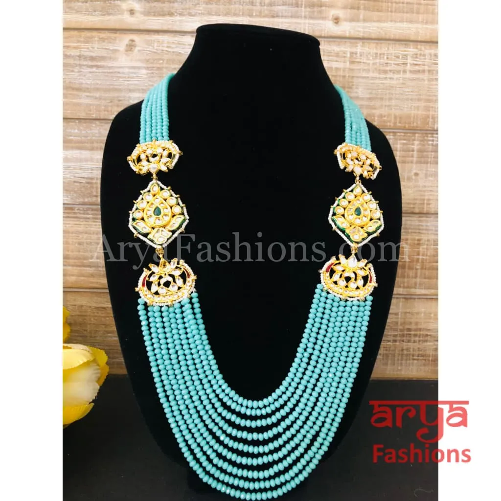 Anika Blue Beads Multilayer Multi-strand Beaded Necklace with Kundan Pendant