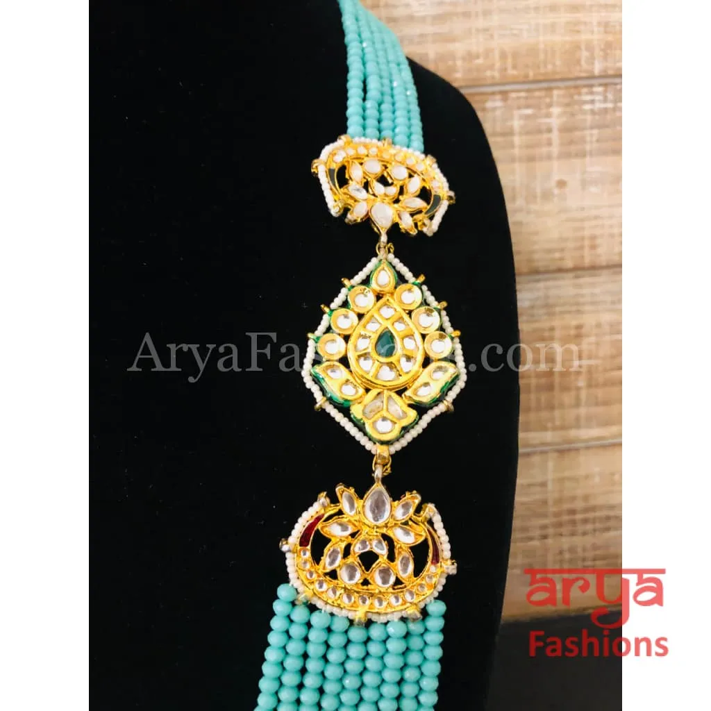 Anika Blue Beads Multilayer Multi-strand Beaded Necklace with Kundan Pendant