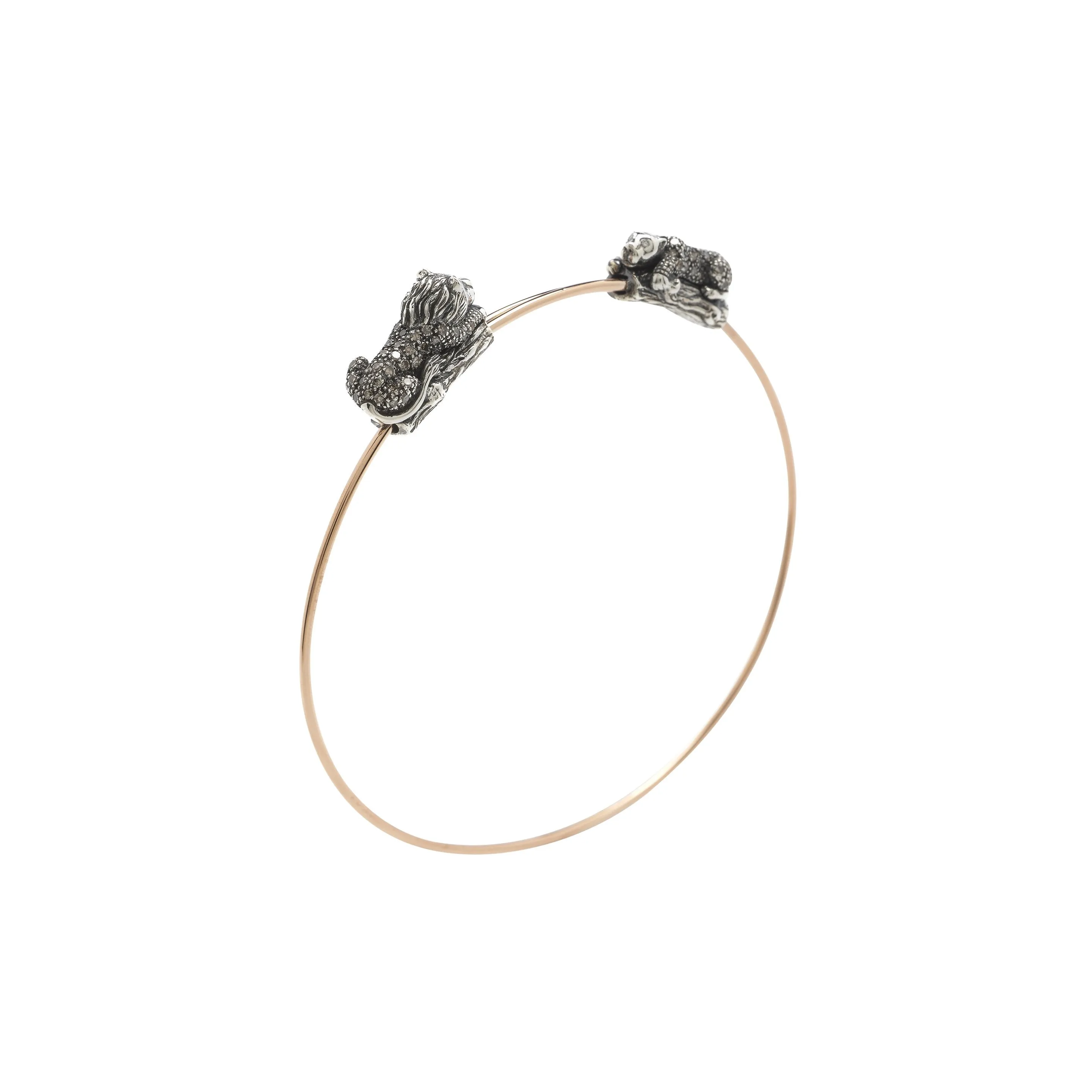 Animal Lion And Lioness Rose Gold & Silver Bangle w. Diamonds