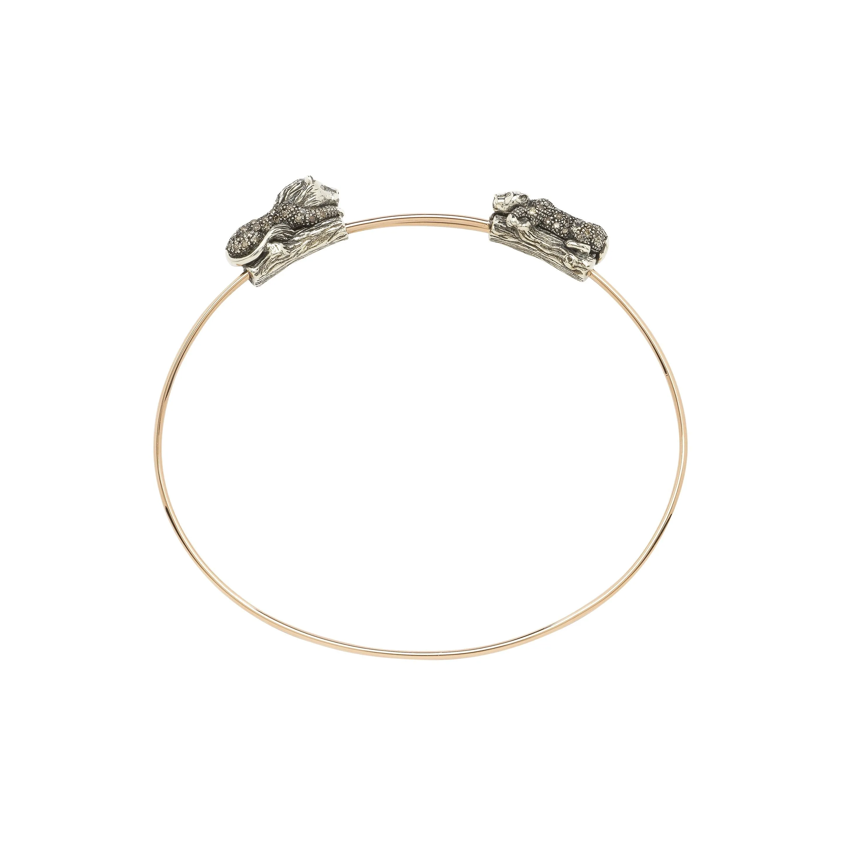 Animal Lion And Lioness Rose Gold & Silver Bangle w. Diamonds