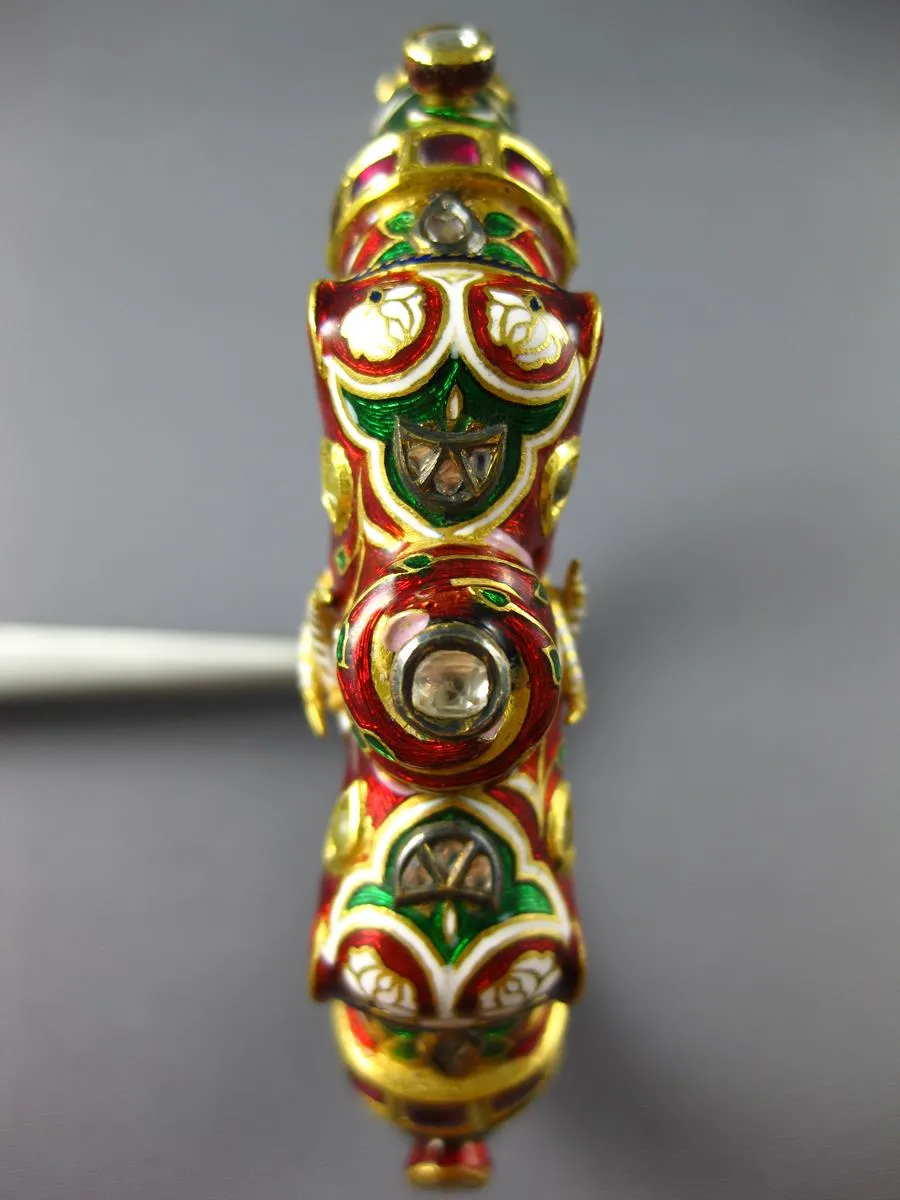 ANTIQUE 1.8CT DIAMOND AAA RUBY & ENAMEL 14K YELLOW GOLD & SILVER DRAGON BRACELET