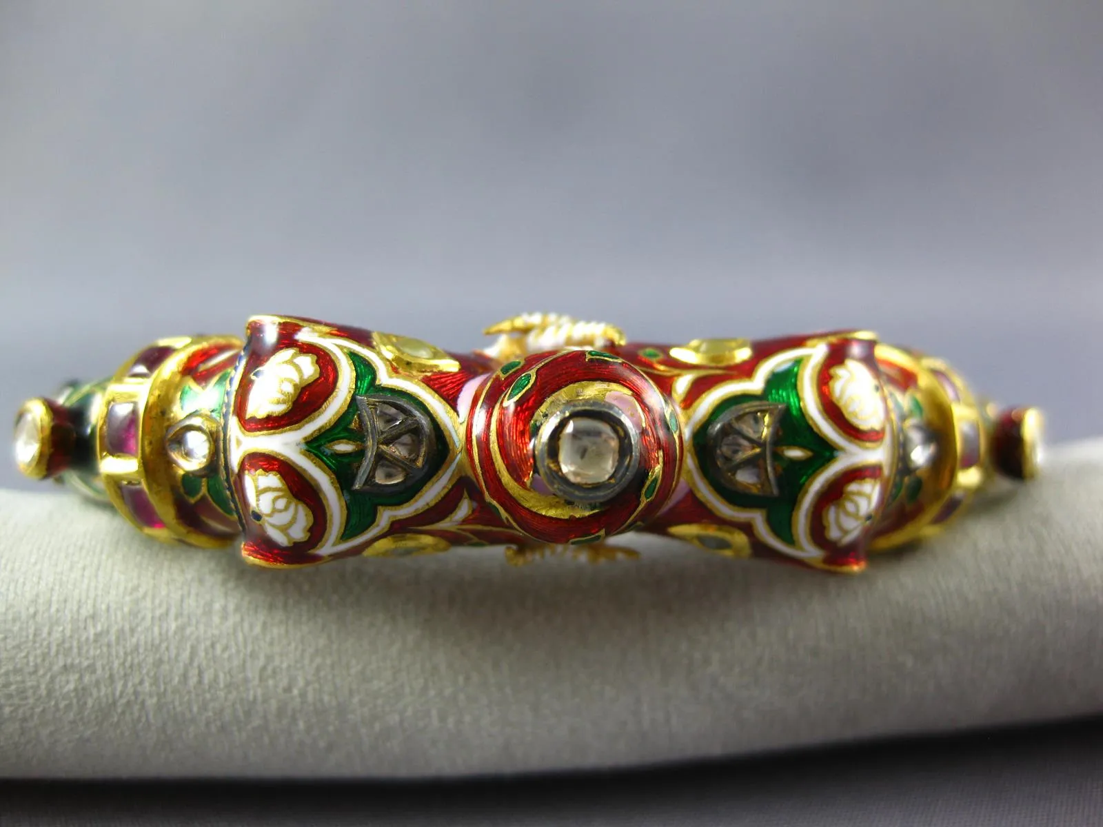 ANTIQUE 1.8CT DIAMOND AAA RUBY & ENAMEL 14K YELLOW GOLD & SILVER DRAGON BRACELET