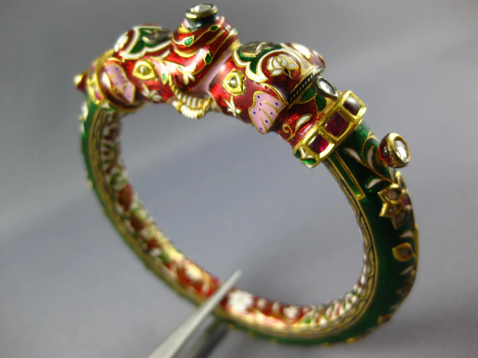 ANTIQUE 1.8CT DIAMOND AAA RUBY & ENAMEL 14K YELLOW GOLD & SILVER DRAGON BRACELET