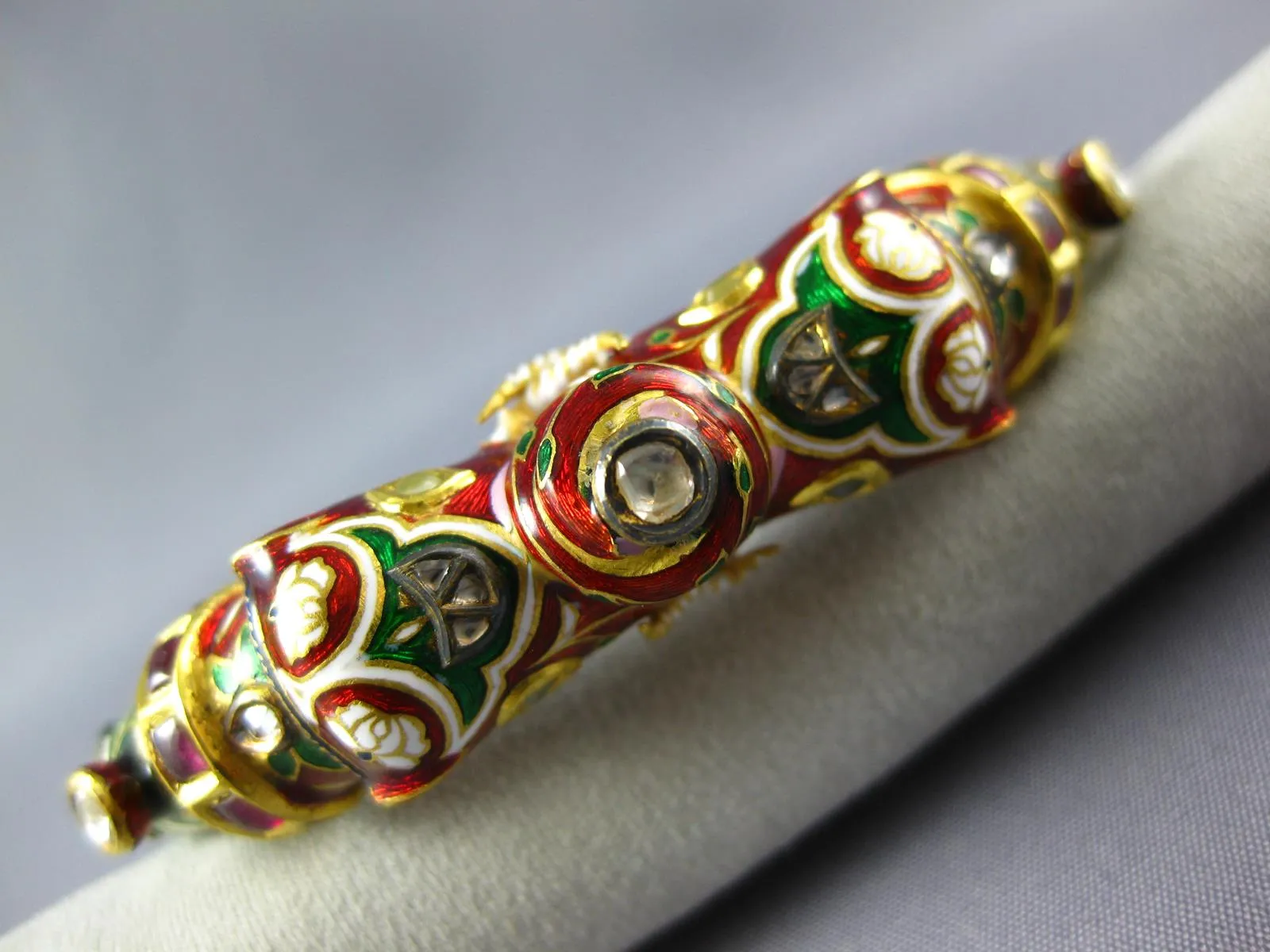 ANTIQUE 1.8CT DIAMOND AAA RUBY & ENAMEL 14K YELLOW GOLD & SILVER DRAGON BRACELET